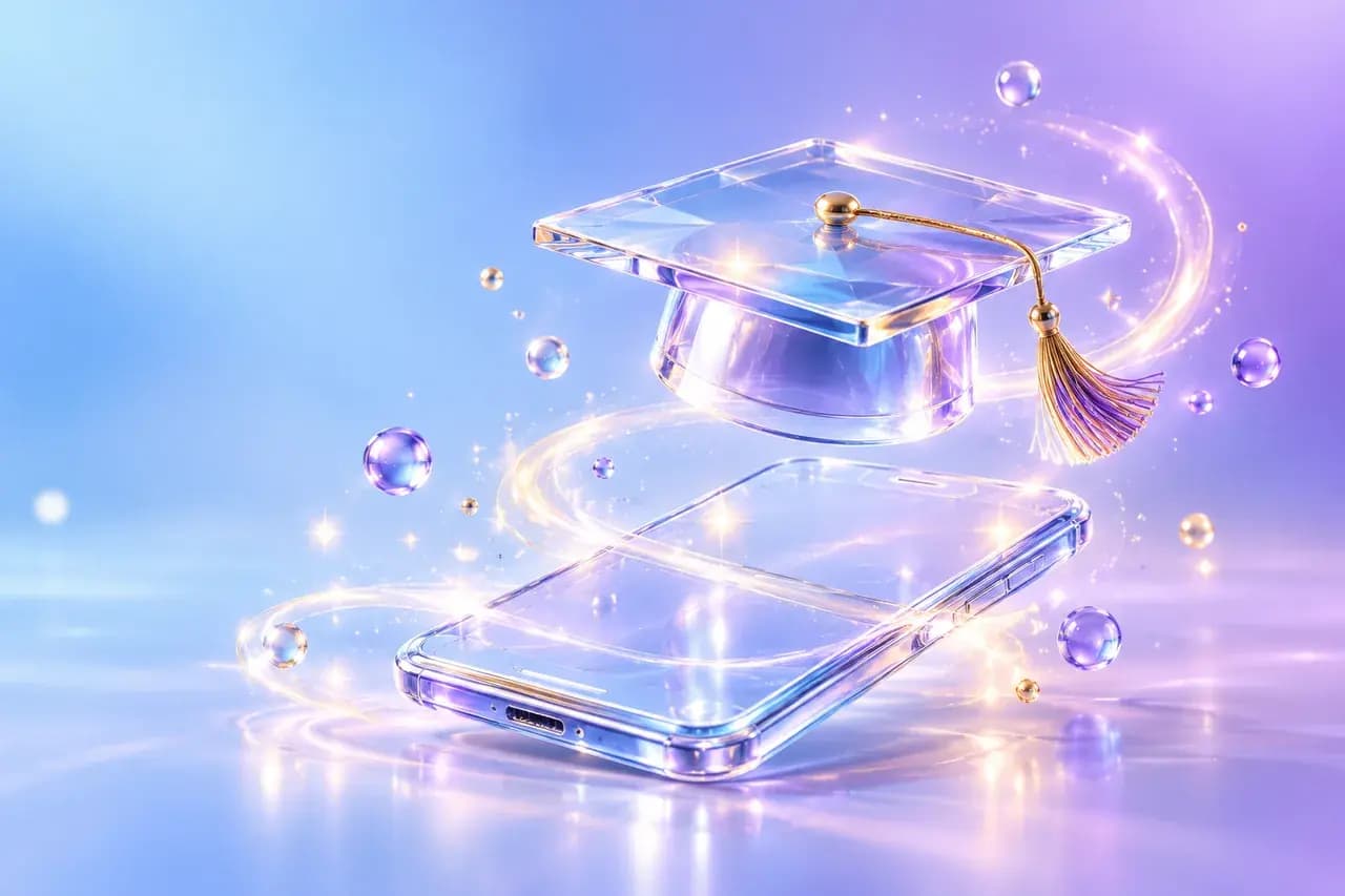 玻璃学士帽悬浮在透明手机上方,象征学生优惠认证